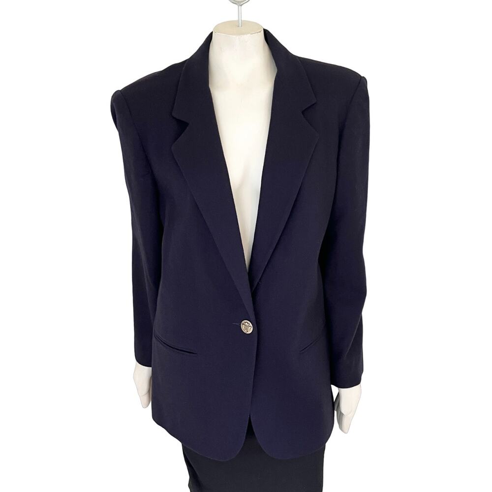 VTG SAG HARBOR 100% Wool Crest Button Boyfriend Blazer Navy blue SZ 16